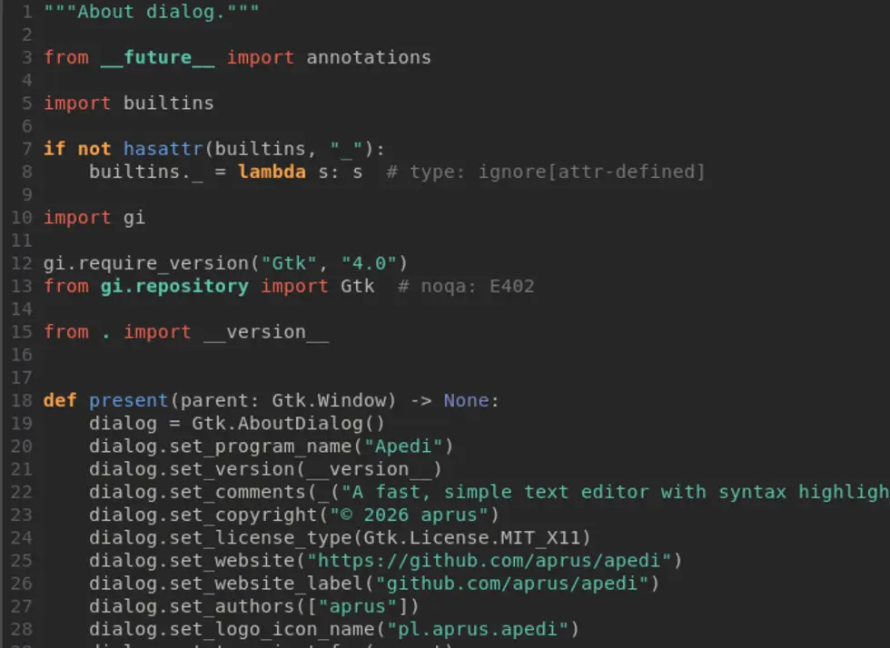 Python code with syntax highlighting in Apedi