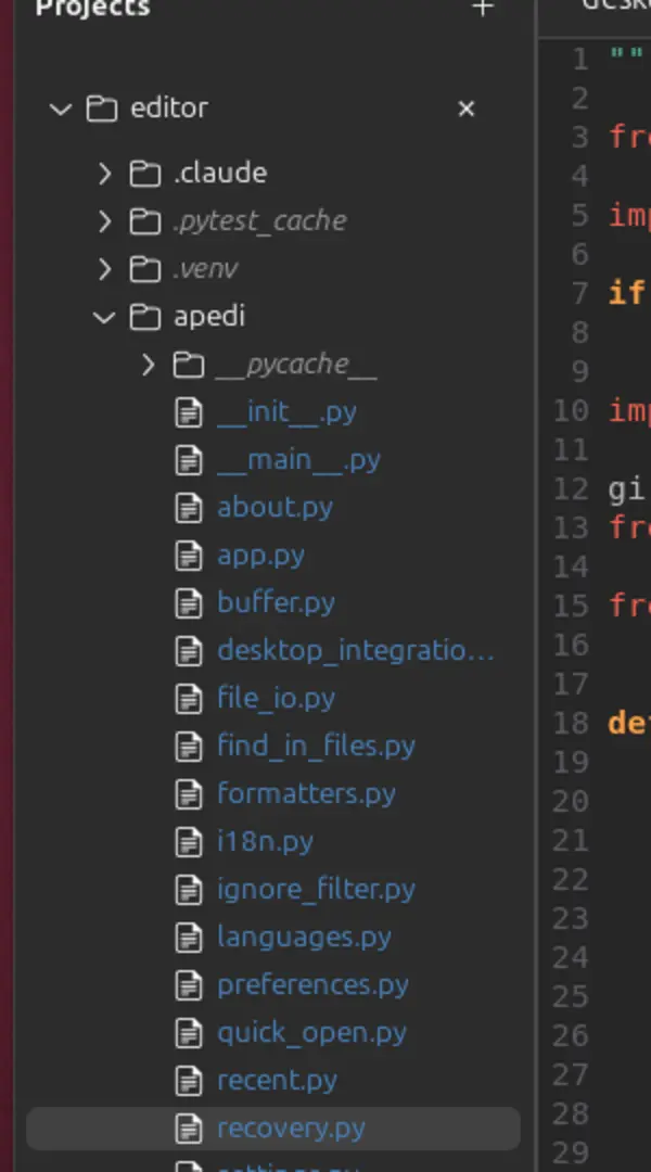 Project sidebar in Apedi